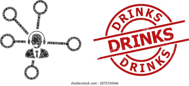Call center links star pattern and grunge Assistance badge. Red imprint with grunge style and Assistance caption inside circle.