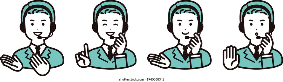 Call center, male operator. A set of facial expression variations.