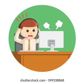 call center man panic while work in circle background