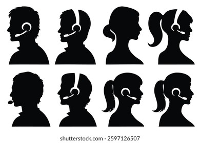 Call center man woman head silhouettes set isolated flat vector illustration on white background