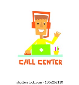 call center, man at work, flat illustration
