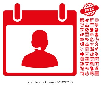 Call Center Manager Calendar Day icon with bonus calendar and time management design elements. Vector illustration style is flat iconic symbols, red, white background.