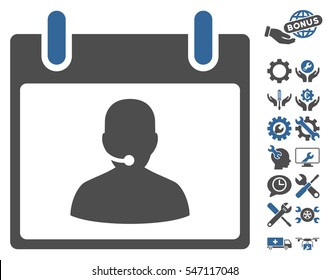 Call Center Manager Calendar Day icon with bonus service images. Vector illustration style is flat iconic symbols, cobalt and gray, white background.