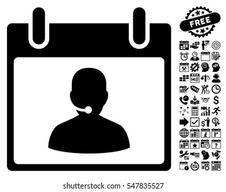 Call Center Manager Calendar Day pictograph with bonus calendar and time management design elements. Vector illustration style is flat iconic symbols, black, white background.