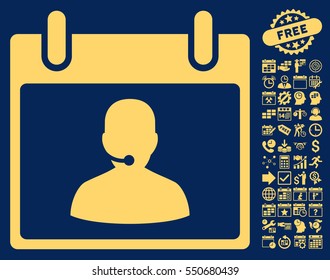 Call Center Manager Calendar Day icon with bonus calendar and time management pictograph collection. Vector illustration style is flat iconic symbols, yellow, blue background.