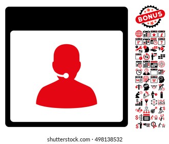 Call Center Manager Calendar Page icon with bonus calendar and time management pictograph collection. Vector illustration style is flat iconic symbols, intensive red and black, white background.