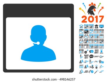 Call Center Manager Calendar Page pictograph with bonus calendar and time management pictures. Vector illustration style is flat iconic symbols, blue and gray colors, white background.