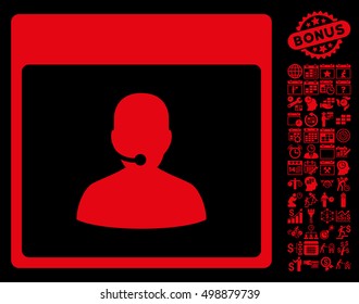 Call Center Manager Calendar Page pictograph with bonus calendar and time management pictograph collection. Vector illustration style is flat iconic symbols, red, black background.