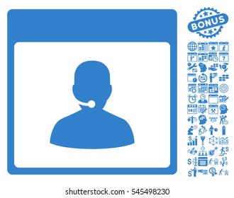 Call Center Manager Calendar Page pictograph with bonus calendar and time management icon set. Vector illustration style is flat iconic symbols, cobalt, white background.