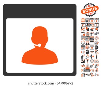 Call Center Manager Calendar Page icon with bonus calendar and time management clip art. Vector illustration style is flat iconic symbols, orange and gray, white background.