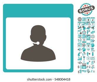 Call Center Manager Calendar Page pictograph with bonus calendar and time management pictures. Vector illustration style is flat iconic symbols, grey and cyan, white background.