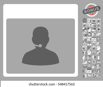 Call Center Manager Calendar Page pictograph with bonus calendar and time management pictograms. Vector illustration style is flat iconic symbols, dark gray and white, silver background.