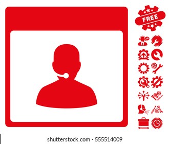 Call Center Manager Calendar Page pictograph with bonus tools pictures. Vector illustration style is flat iconic symbols, red, white background.