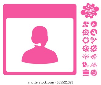 Call Center Manager Calendar Page icon with bonus options pictograms. Vector illustration style is flat iconic symbols, pink, white background.