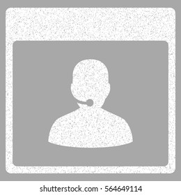 Call Center Manager Calendar Page grainy textured icon for overlay watermark stamps. Flat symbol with dust texture. Dotted vector white ink rubber seal stamp with grunge design on a silver background.