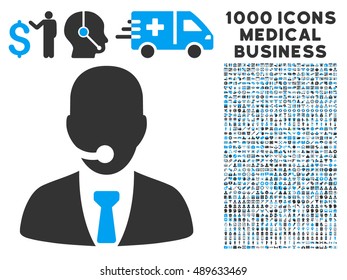 Call Center Manager icon with 1000 medical business bicolor blue and gray vector pictograms. Collection style is flat symbols, white background.