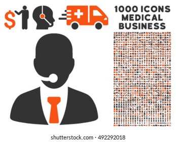 Call Center Manager icon with 1000 medical business orange and gray vector design elements. Design style is flat bicolor symbols, white background.
