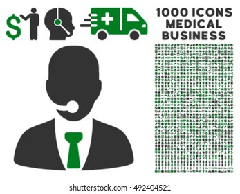 Call Center Manager icon with 1000 medical business green and gray vector pictograms. Set style is flat bicolor symbols, white background.