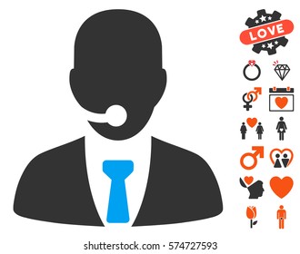 Call Center Manager icon with bonus decorative images. Vector illustration style is flat iconic elements for web design, app user interfaces.