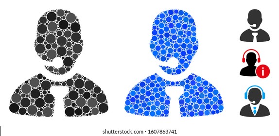 Call center manager mosaic of small circles in different sizes and color tones, based on call center manager icon. Vector small circles are composed into blue collage.