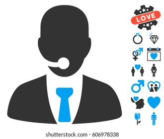 Call Center Manager pictograph with bonus passion pictures. Vector illustration style is flat iconic blue and gray symbols on white background.