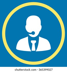 Call Center Manager vector icon. Style is bicolor flat circled symbol, yellow and white colors, rounded angles, blue background.
