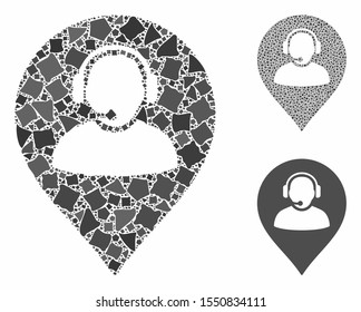 Call center marker composition of uneven pieces in variable sizes and color tones, based on call center marker icon. Vector tremulant pieces are combined into composition.