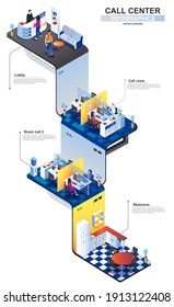 Call center modern isometric infographics. 3d isometry graphic design concept with lobby, call room and restroom. Technical support multi level isometric composition with people, vector illustration.