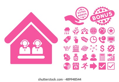 Call Center Office icon with bonus clip art. Vector illustration style is flat iconic symbols, pink color, white background.