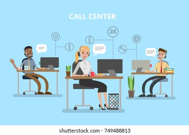 Call center office. People with headset working with clients.