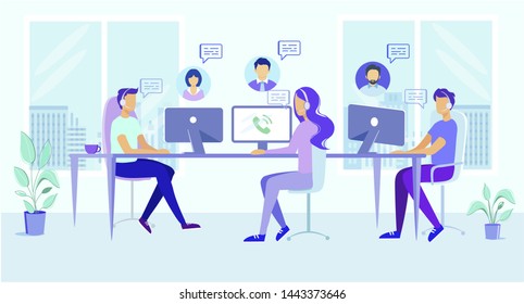 Call Center Office People Work. Man Woman in Headphone Headset Answer Client Call Vector Illustration. Online Technical Support. Hotline Helpline Team. Customer Help. Internet Chat Communication