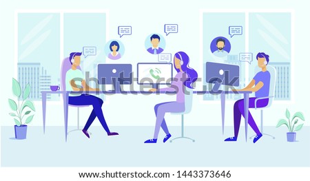 Call Center Office People Work. Man Woman in Headphone Headset Answer Client Call Vector Illustration. Online Technical Support. Hotline Helpline Team. Customer Help. Internet Chat Communication