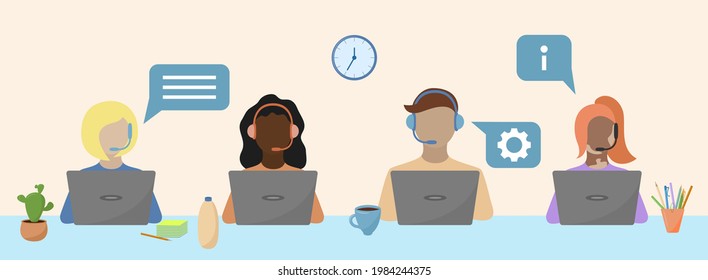 Call center office. People works as operators with headphones and laptops. Job online consulting concept. Vector flat illustration.