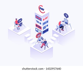 Call center office vector isometric illustration. Male and female consultant, client managers advising clients 3d cartoon characters. Tech support, office workers with headset sitting at desk