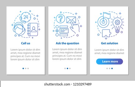 Call center onboarding mobile app page screen with linear concepts. Helpdesk, hotline. Customer service steps graphic instructions. UX, UI, GUI vector template with illustrations