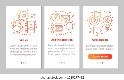 Call center onboarding mobile app page screen with linear concepts. Helpdesk, hotline. Customer service steps graphic instructions. UX, UI, GUI vector template with illustrations