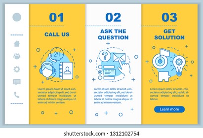 Call center onboarding mobile web pages vector template. Helpdesk, hotline. Customer service. Online support. Responsive smartphone website interface. Webpage walkthrough step screens. Color concept