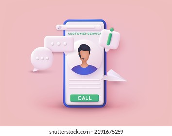 Call center, online customer support. Contact Us Customer Service For Personal Assistant Service, Person Advisor and Social Media Network. 3D Web Vector Illustrations.