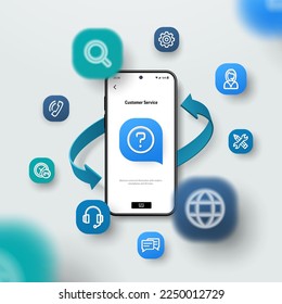 Call center, online customer support, Contact Us concept. Realistic smartphone mockup, 3d icons, arrow fly over screen. Business Assistant Service application interface. Vector background, blur effect