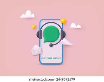 Call center, online customer support. Contact Us Customer Service For Personal Assistant Service, Person Advisor and Social Media. 3D Web Vector Illustrations.