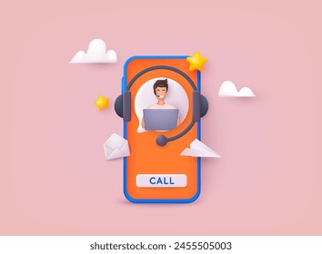 Call center, online customer support. Contact Us Customer Service For Personal Assistant Service, Person Advisor and Social Media Network. 3D Web Vector Illustrations.