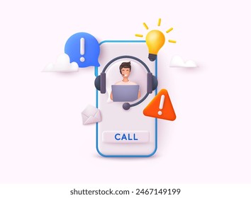 Call center, online customer support. Contact Us Customer Service For Personal Assistant Service, Person Advisor and Social Media Network. 3D Web Vector Illustrations.