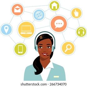 Call center online customer support african american woman operator and network flat icons