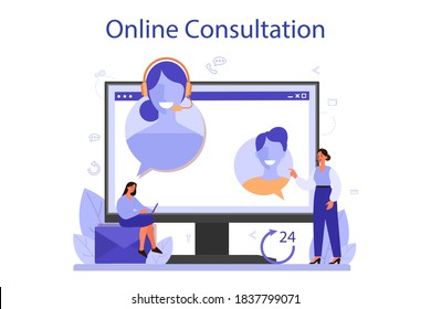 Call center online service or platform. Idea of customer service. Support clients and help them with problems. Online consultation. Vector illustration in flat style