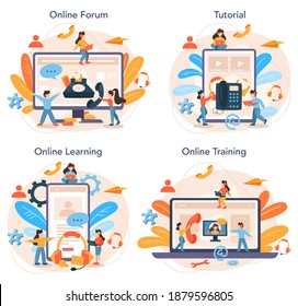 Call center online service or platform set. Idea of customer service. Supporting and providing customer with valuable information. Online forum, tutorial, learning, training. Vector flat illustration