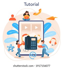 Call center online service or platform. Idea of customer service. Supporting and providing customer with valuable information. Online tutorial. Vector flat illustration