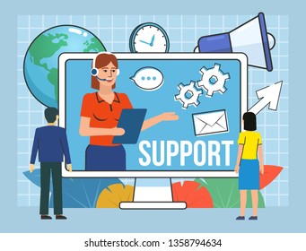 Call center, online support, help. People stand near big screen, support operator. Poster for web page, banner, social media, presentation. Flat design vector illustration
