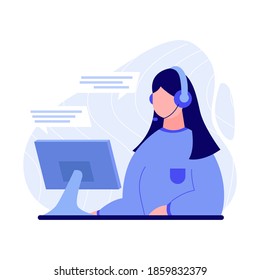 call center or online support illustration, woman using computer and headset answering questions, vector