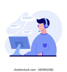 call center or online support illustration, man using computer and headset answering questions, vector