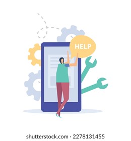 Call center online technical customer support service with doodle character of client asking for help flat vector illustration